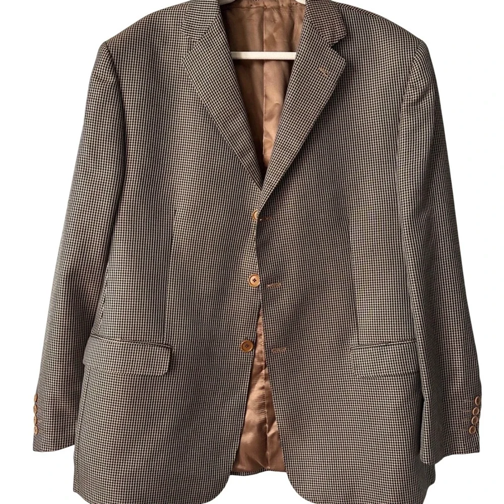 Lubiam Houndstooth Blazer Made in Italy Brown‎ Wool Blend Sport Coat XXL - Picture 9 of 10